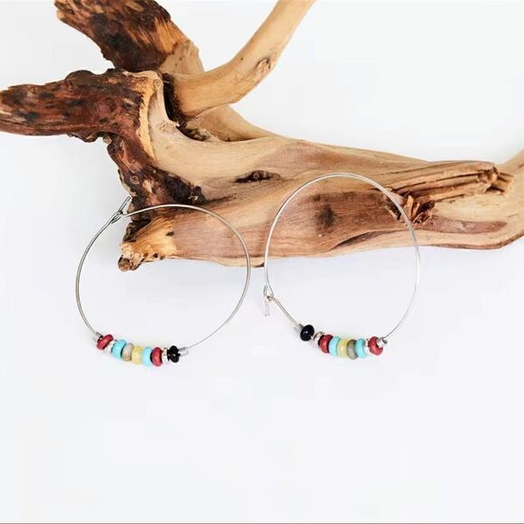 Boho Silver Tone Hoop With Beads Earrings NWT - Picture 2 of 3